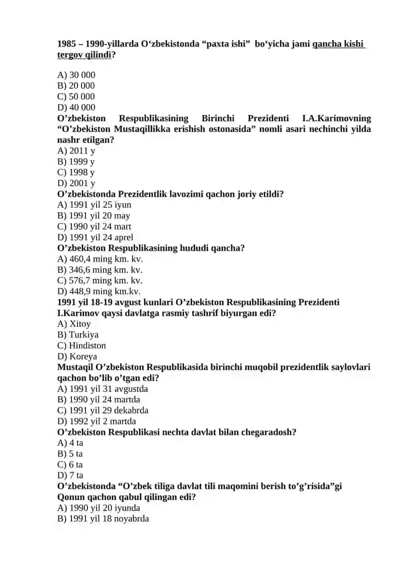 O‘zbekistonning eng yangi tarixi fanidan yakuniy nazorat test savollari (200 ta) 3