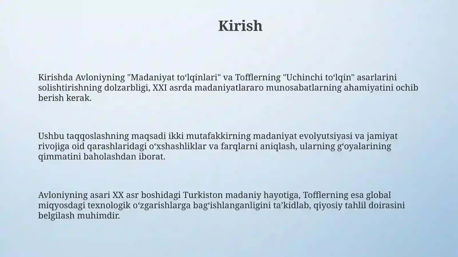Avloniyning "Madaniyat toʻlqinlari "va E.Tofflerning "Uchinchi toʻlqin asarini qiyosiy tahlil 3