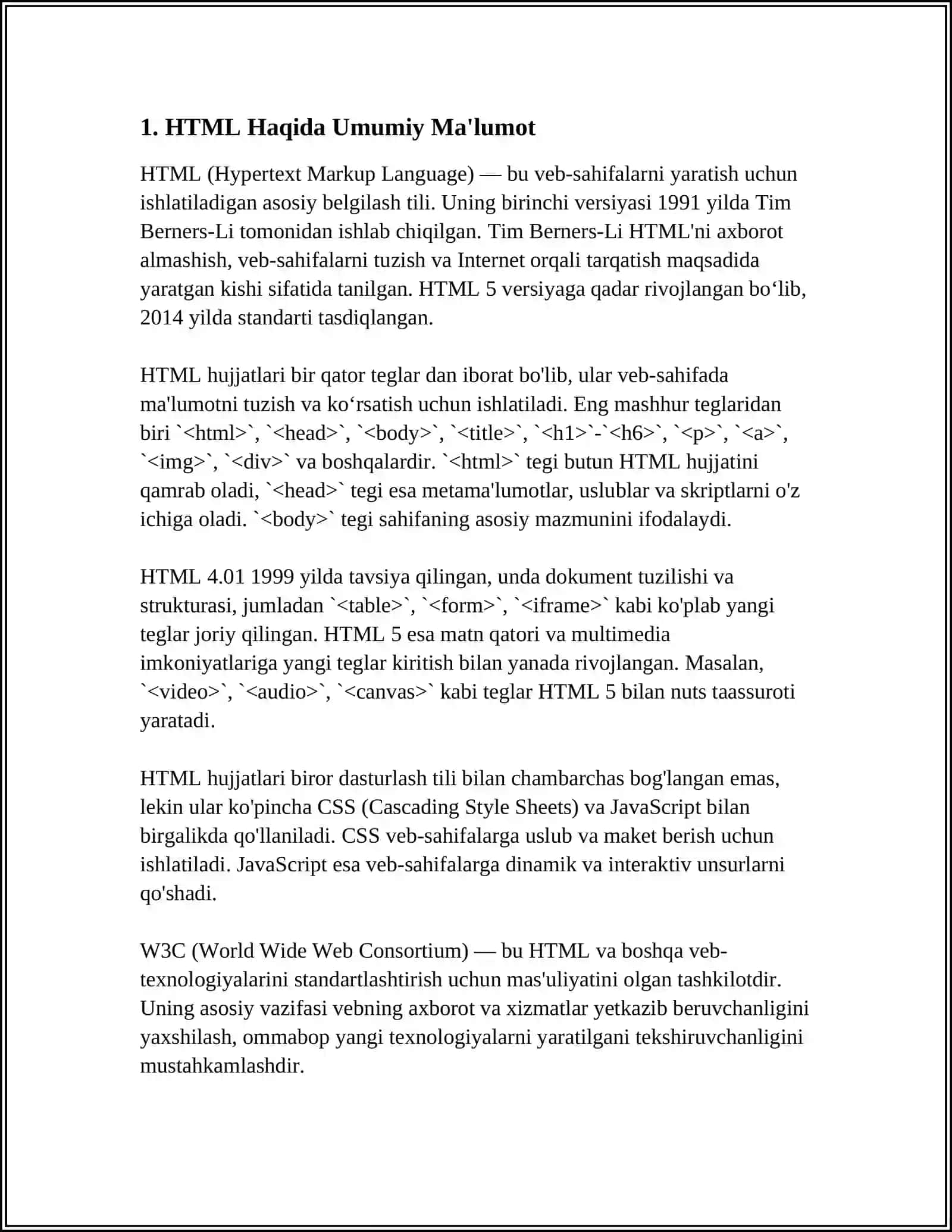 Mavzu: HTML TILIGA KIRISH, UNING ASOSIY ELEMENTLARI. TEG TUSHUNCHASI 3