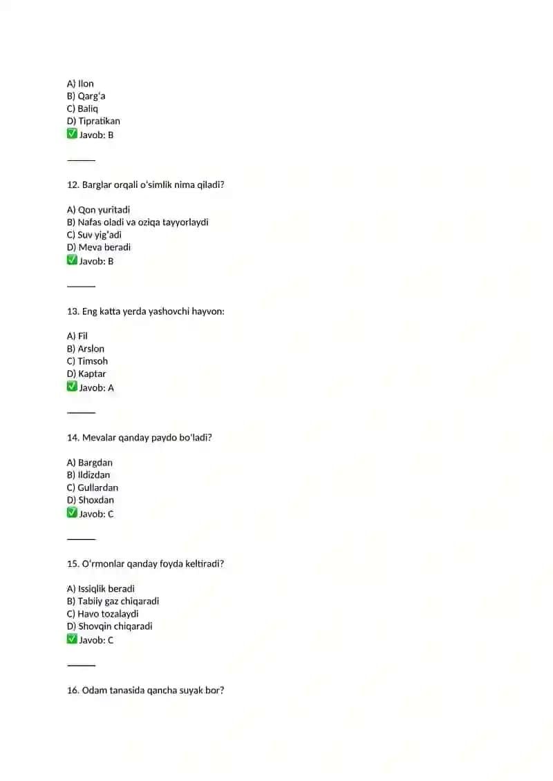🌿 5-sinf Biologiya: Maktab Doirasidagi Testlar 3