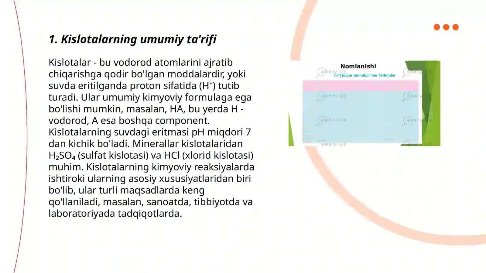 Kislotalar. Kislorodli va kislorodsiz kislotalar.Kislotalarning negizligi 3