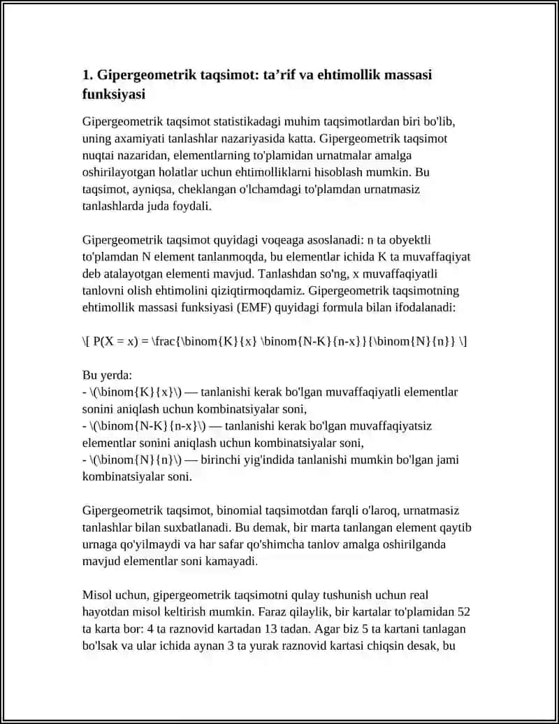 GIPERGEOMETRIK, BINOMIAL, PUASSON VA GEOMETRIK TAQSIMOTLAR 3