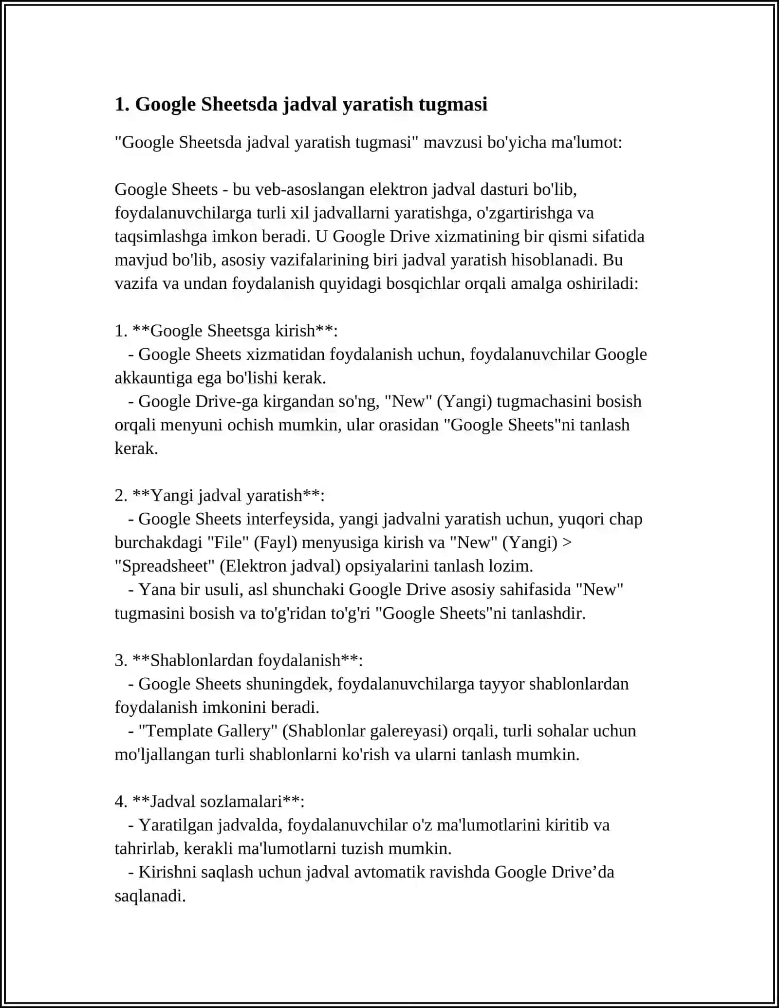 GOOGLE SHEETSDA JADVALLAR YARATISH 3
