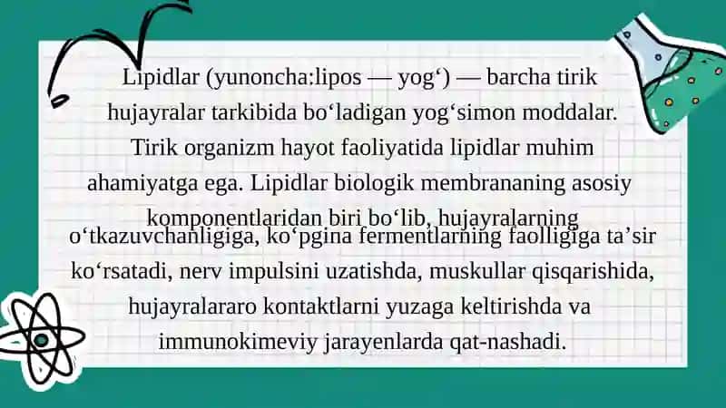 Lipidlarning tuzilishi, funksiyasi va metabolizmi 3