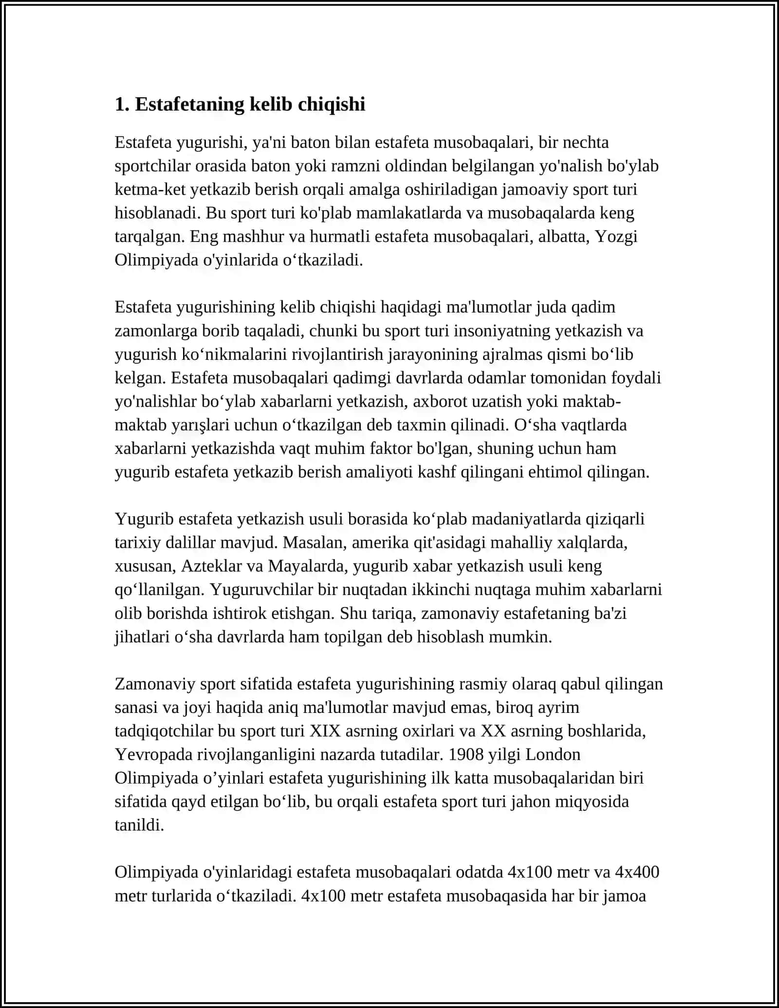 YENGIL ATLETIKA: ESTAFETALI YUGURISH 100, 200, 400 METRGA 3
