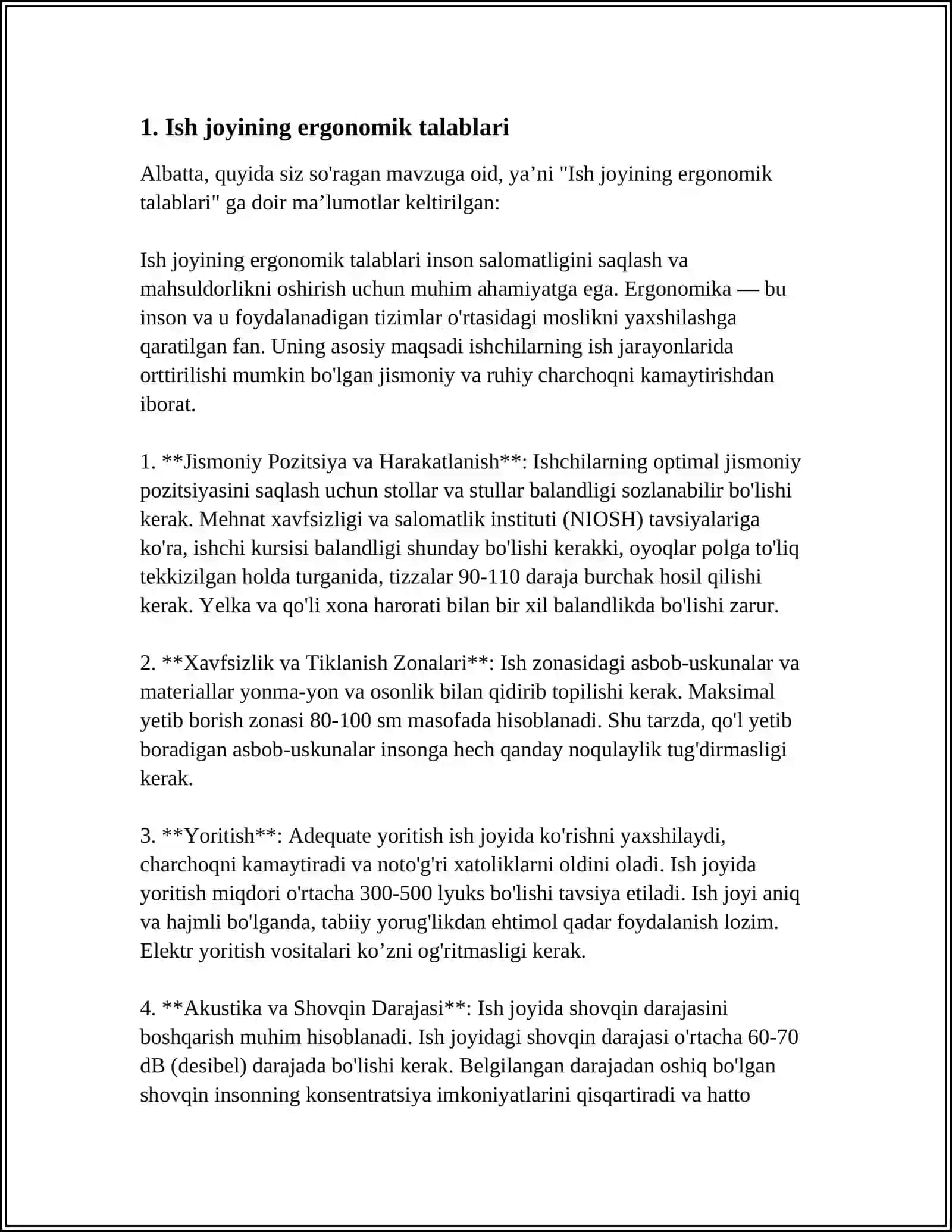 ERGONOMIKA.OPERATORNING JOYIGA QO‘YILGAN TALABLAR 3