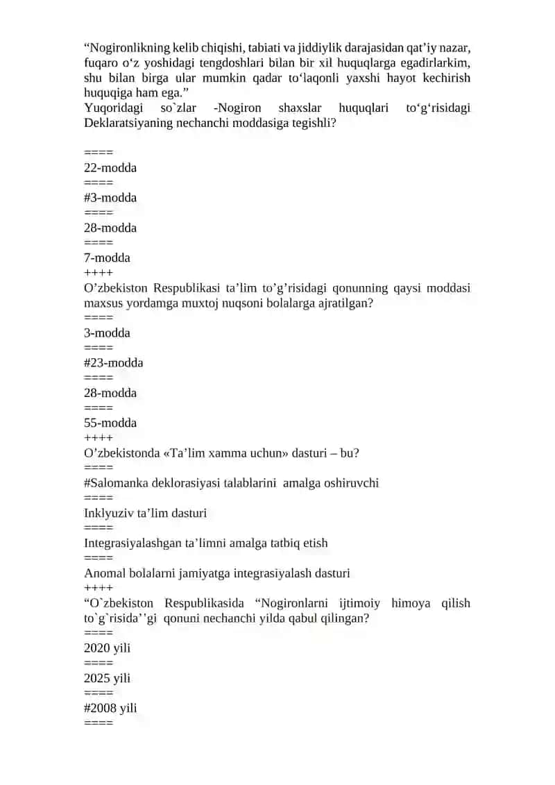 Inkluziv ta`lim. Gospital pedagogika fanidan testlar 3