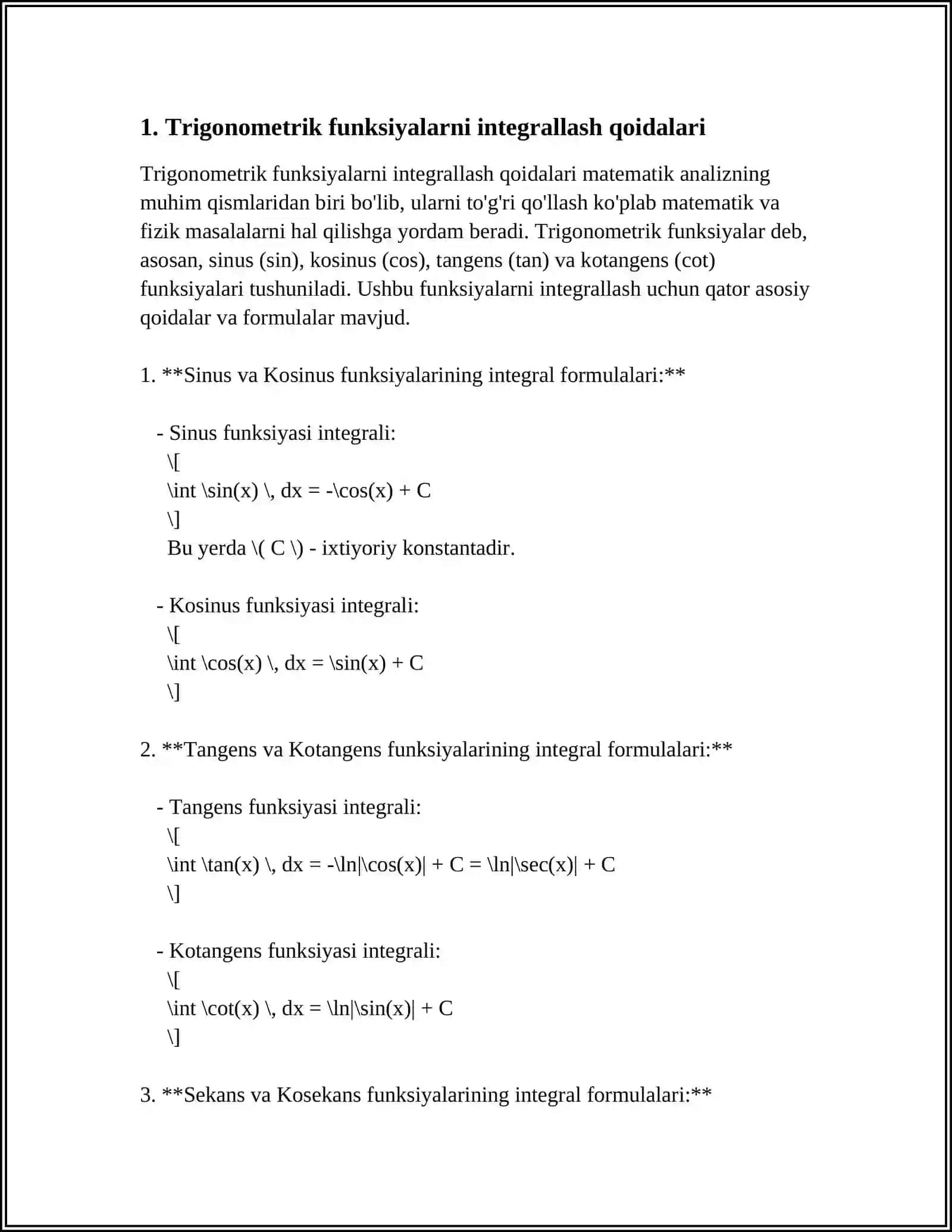 TRIGONOMETRIK FUNKSIYALARNI INTEGRALLASH 3