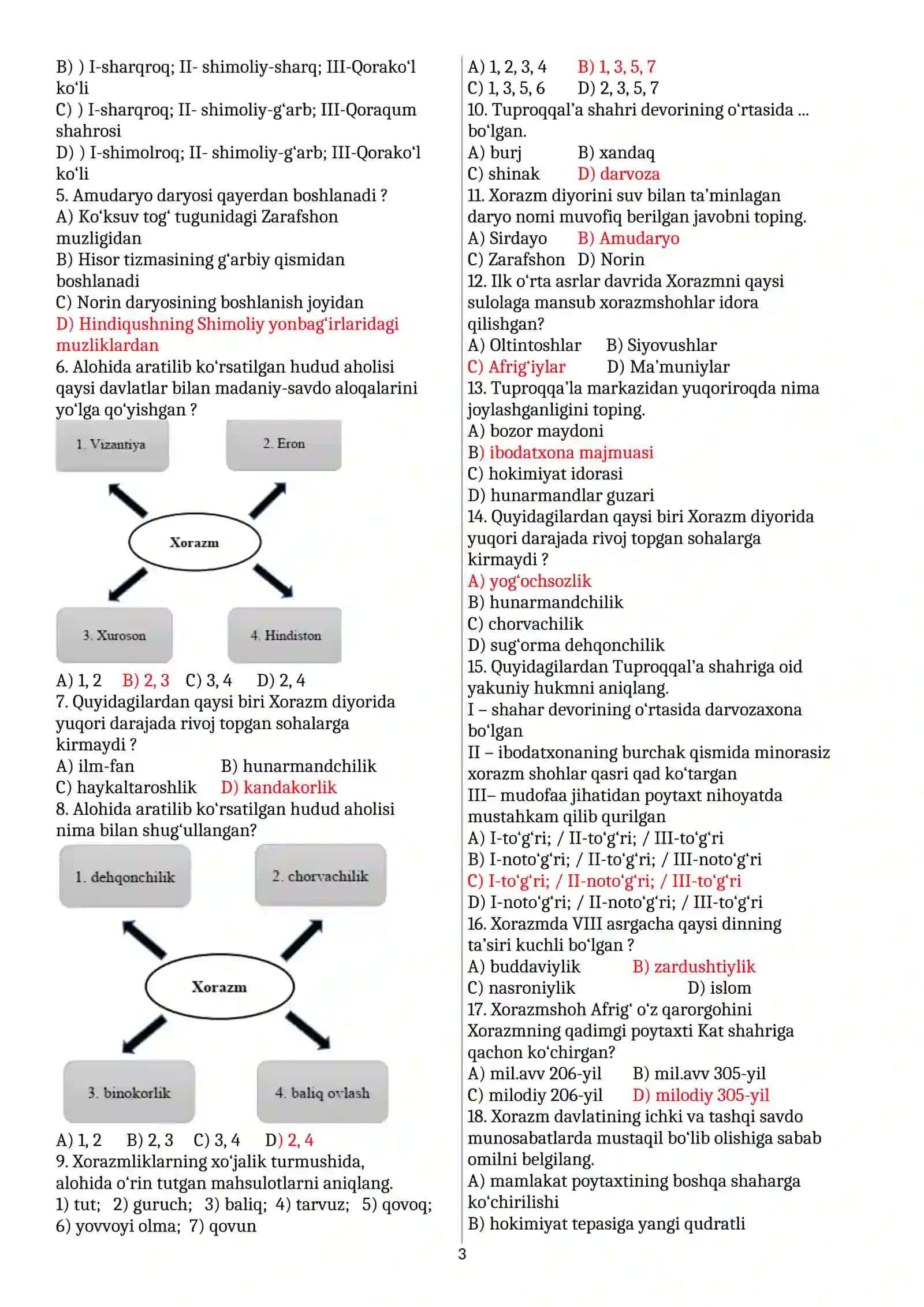 7 - sinf Oʻzbekiston tarixi mavzulashtirilgan test 3