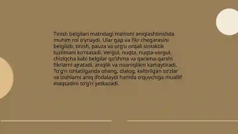 Tinish belgilarining matnda oʻrinli qoʻllanilishi sabablari va maqsadi haqida izohlovchi mulohazalar yozish 3