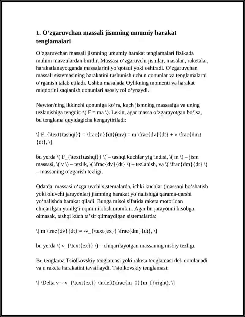 OʻZGARUVCHAN MASSALI JISMNING HARAKATI KEPLER QONUNLARI LOVENS ALMASHTIRISHLAR 3