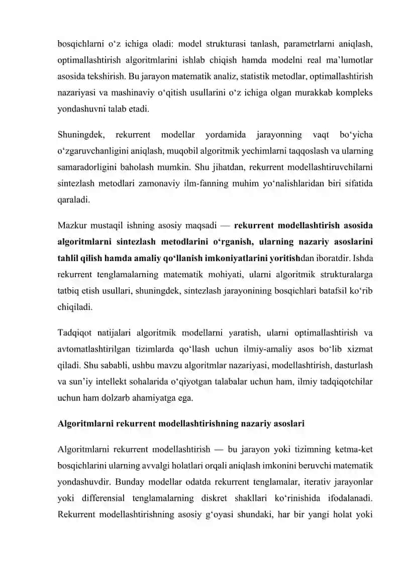 Algoritmlarni rekurrent modellashtiruvchilarini sintezlash metodlari 3