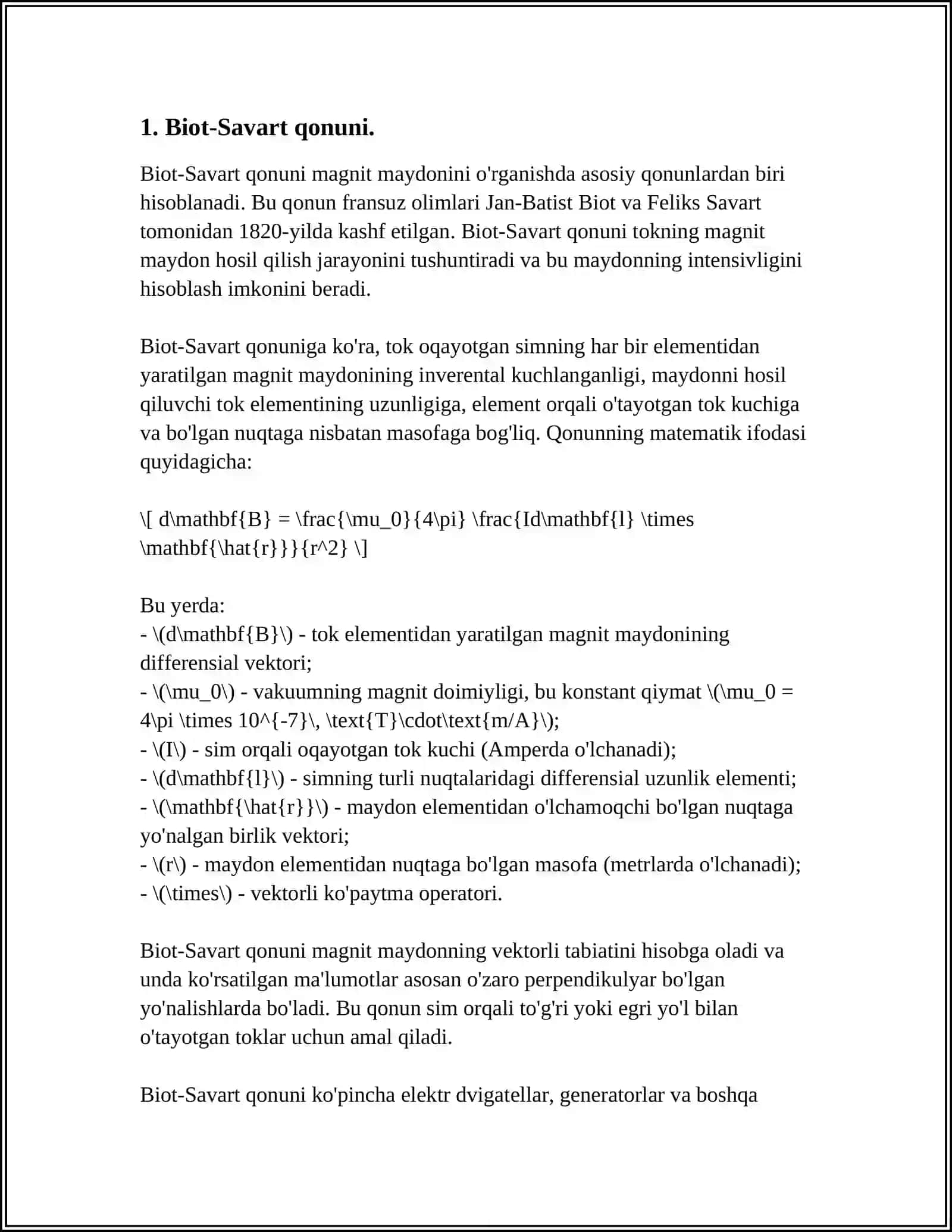 BIO-SAVAR-LAPLAS QONUNI.HARAKATLANUVCHI ZARYADNING MAGNIT MAYDONI 3