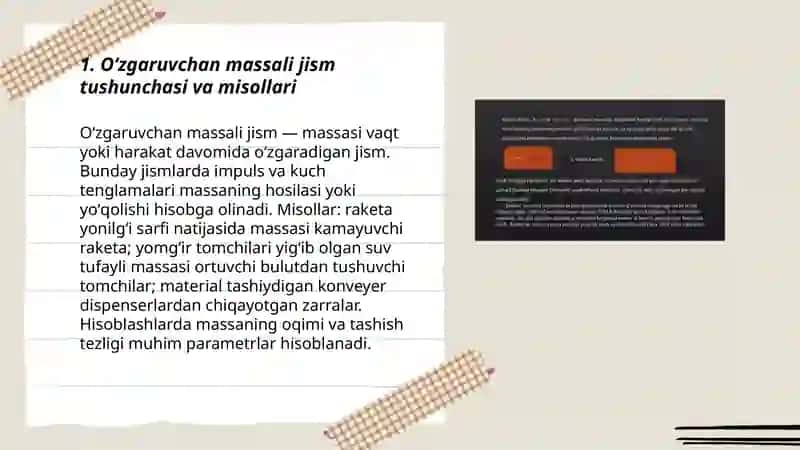 Oʻzgaruvchan massali jismimning harakati 3