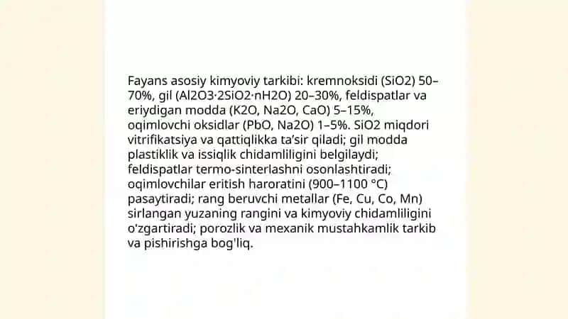 Fayans buyumlarning xossalari va ishlatilishi 3