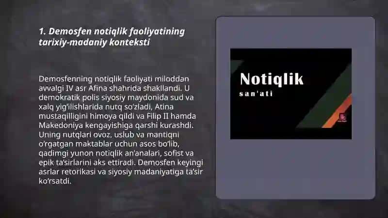 Demosfen notiqlik faoliyatini oʻrganishning ahamiyati 3