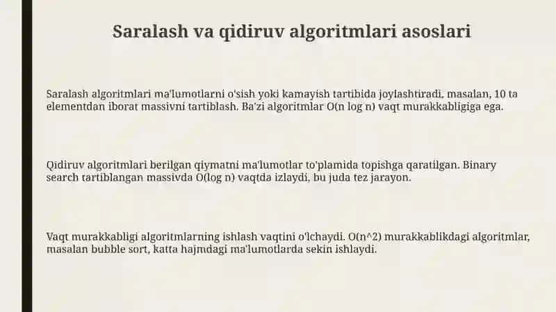 Saralash va qidiruv algoritmlari asoslari 3
