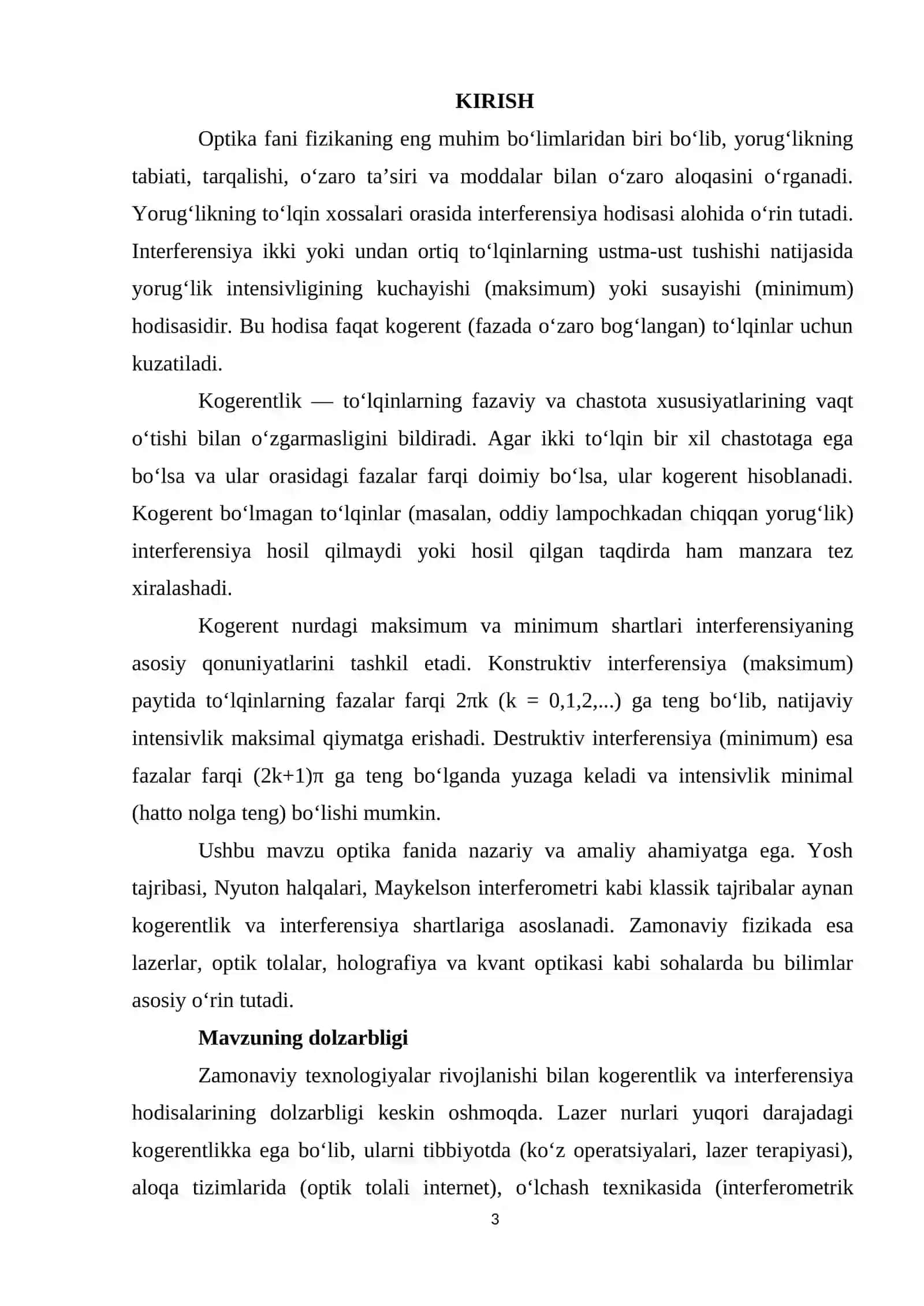 Kogerent nurlarining maksimum va minimum shartlarini o‘rganish 3