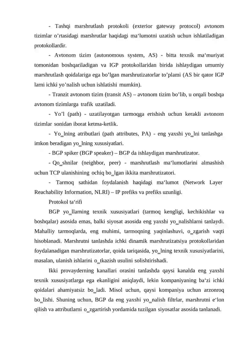 TELEKOMMUNIKATSIYA TEXNOLOGIYALARI Fakulteti Laboratoriya Ishi BGP Protokoli 3