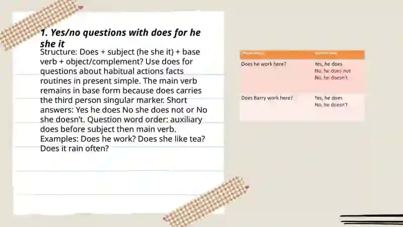 Present simple he she it, questions; word order questions 3