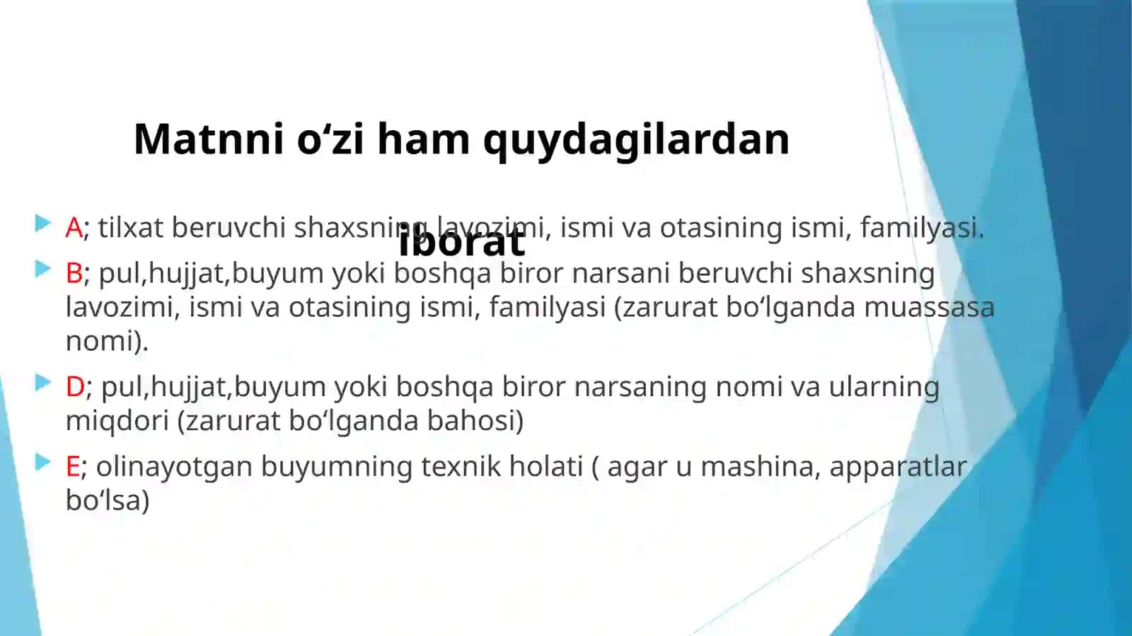 Davlat tilda ish yuritish Til xat, Trjimayi hol, E’lon 3