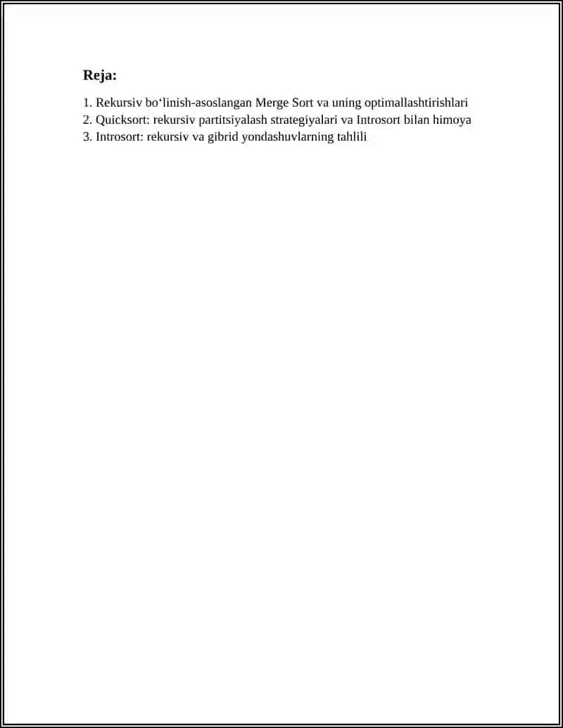 Rekursiv bo‘linish-asoslangan Merge Sort va uning optimallashtirishlari 3