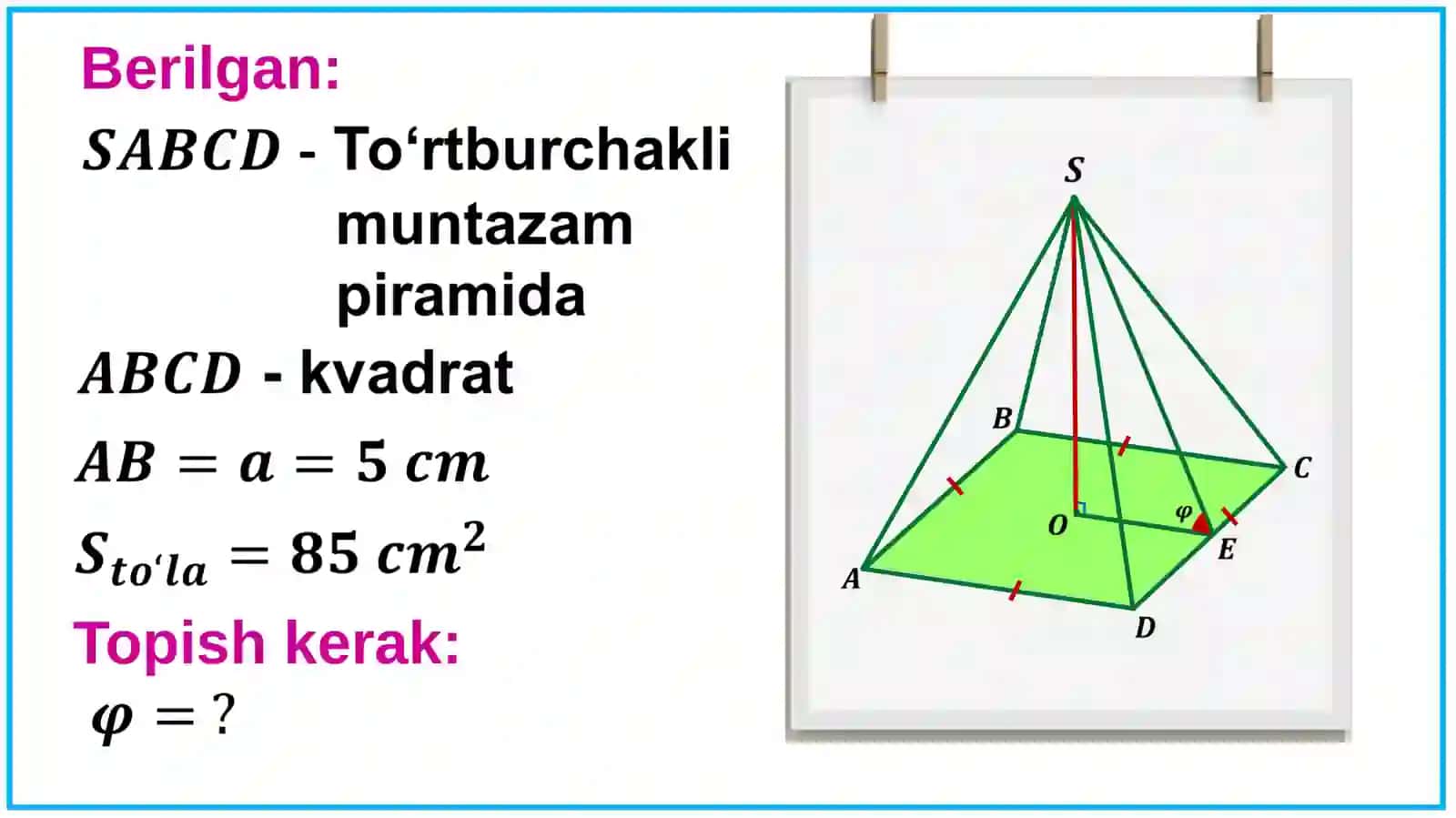 Piramidaning yon va to‘lasir tini hisoblashga doir masalalar 3