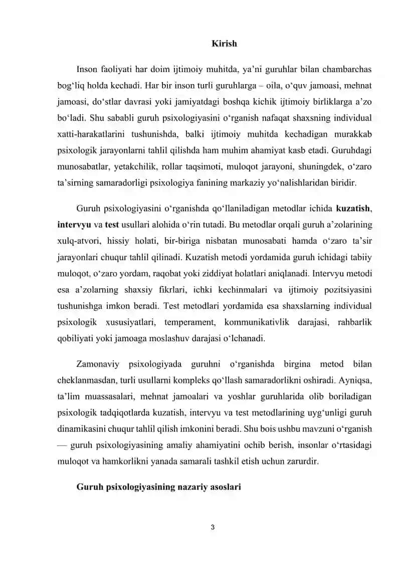 Guruh psixologiyasini o'rganishda kuzatish intervyu va test metodlarining o'rni 3