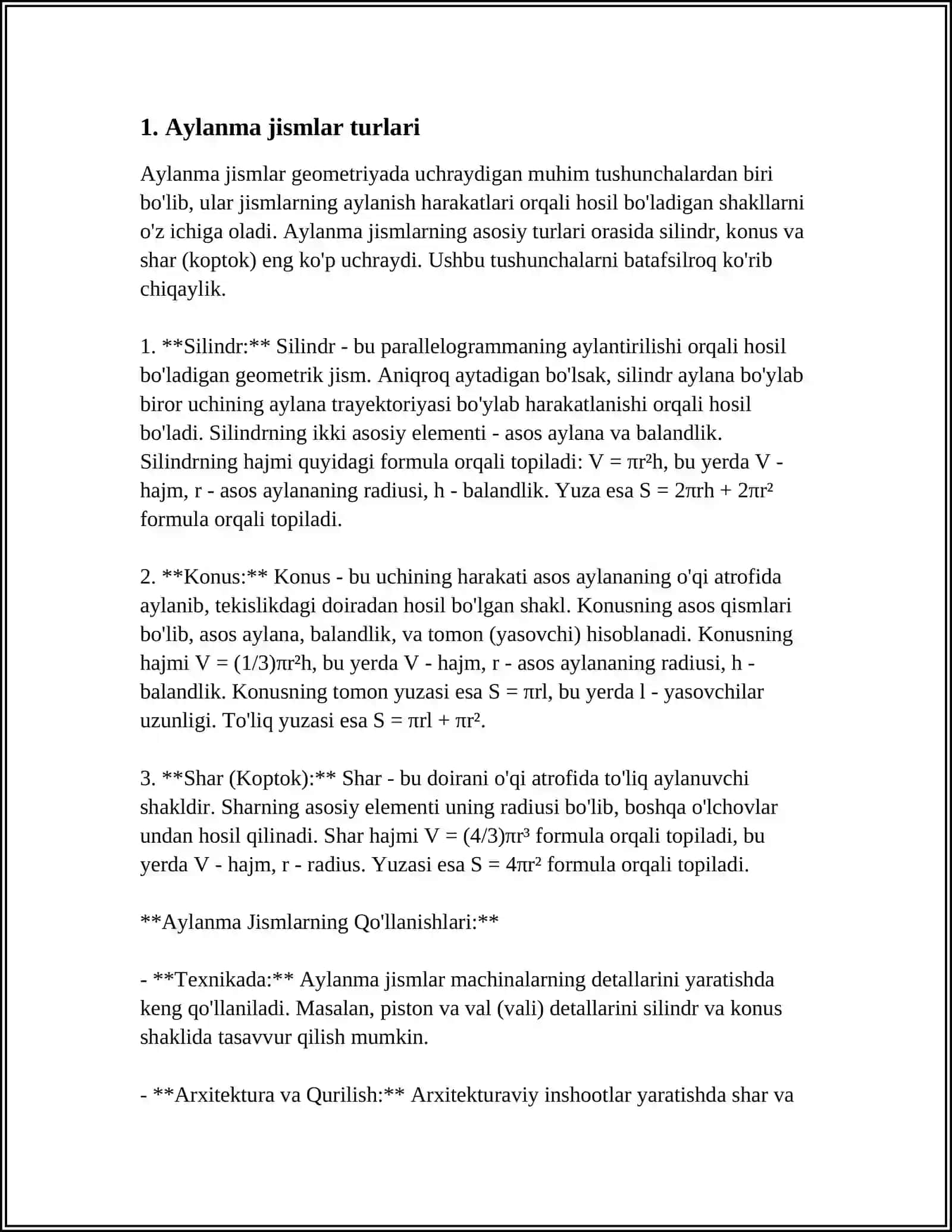 Aylanma jismlar ularning sirtlari, xajmlari 3