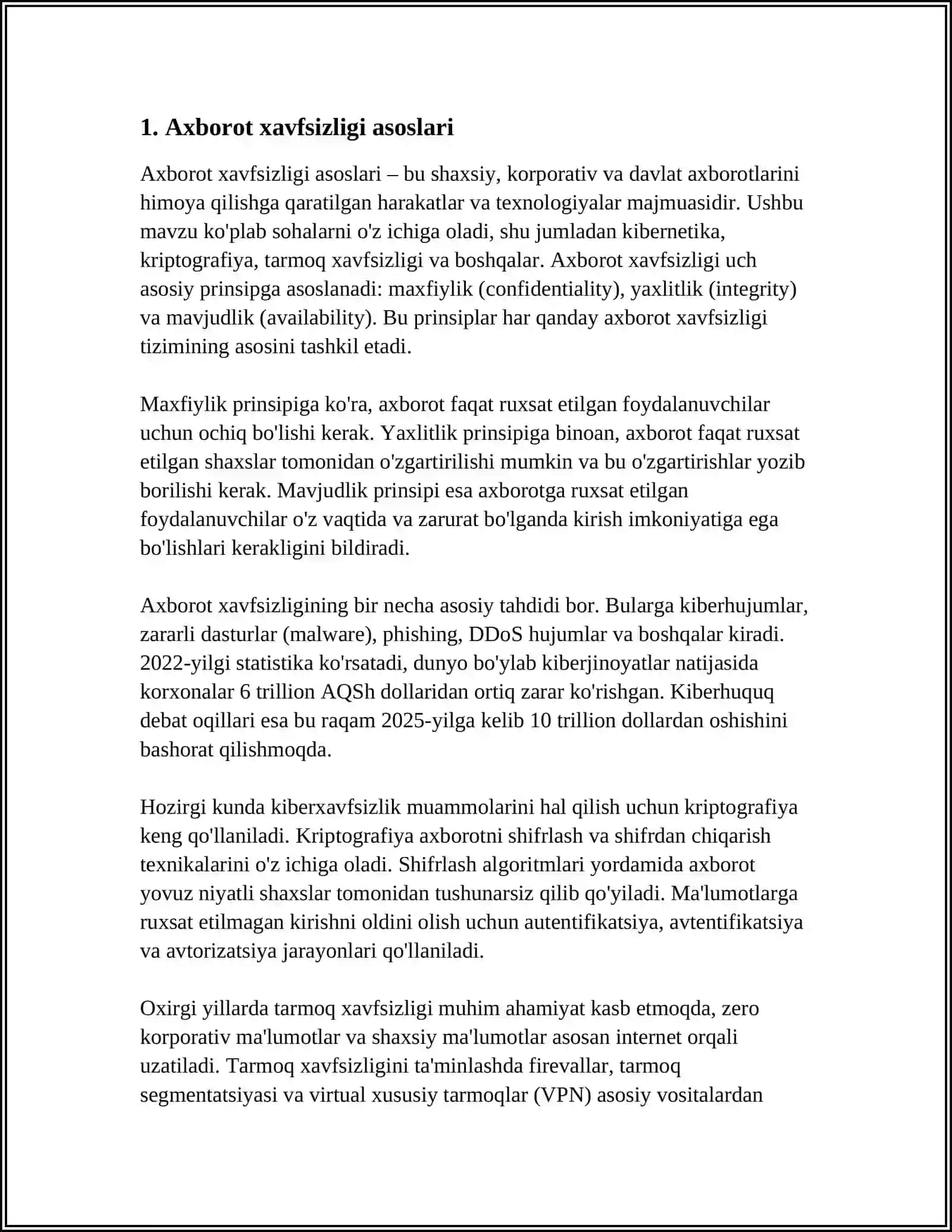 MUSTAQIL ISH Mavzu: AXBOROT XAVFSIZLIGI TUSHUNCHASI VA SAMARADORLIGI KÕRSATKICHLARI 3