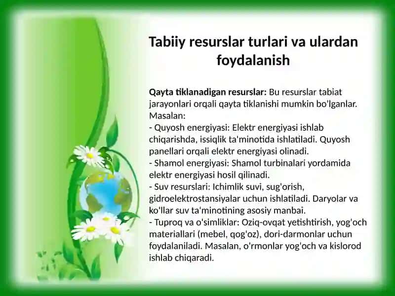 Tabiiy resurslardan oqlona foydalanish asoslari 3