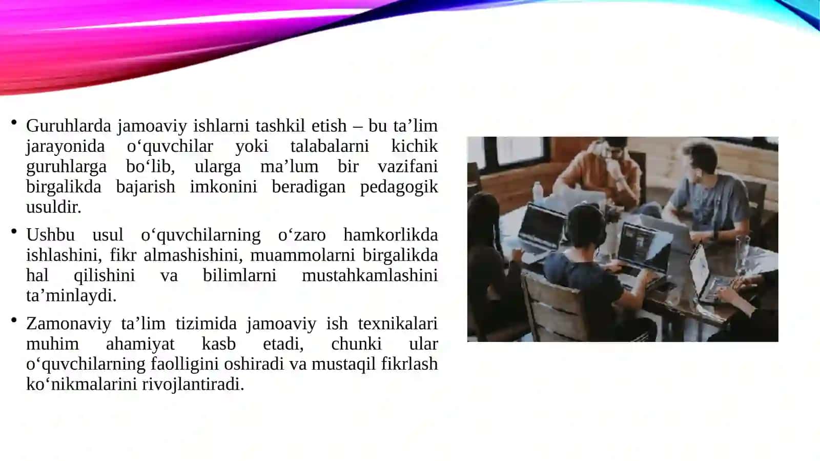 Guruhlarda jamoaviy ishlarni tashkil etish texnikalarining mohiyati va ahamiyati 3