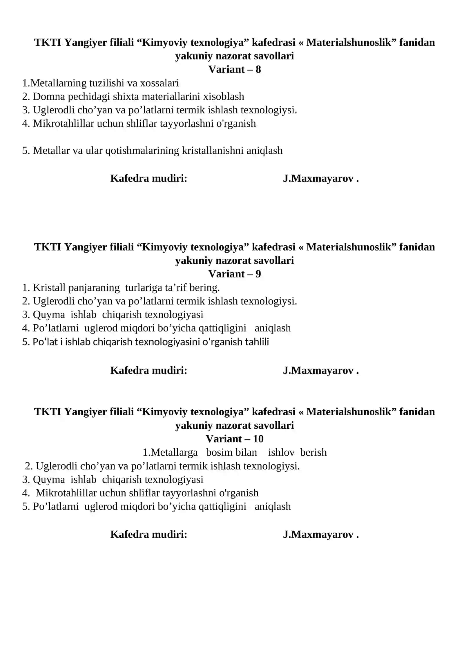 Materialshunoslik yakuniy nazorat savollari (Variant 1) 3