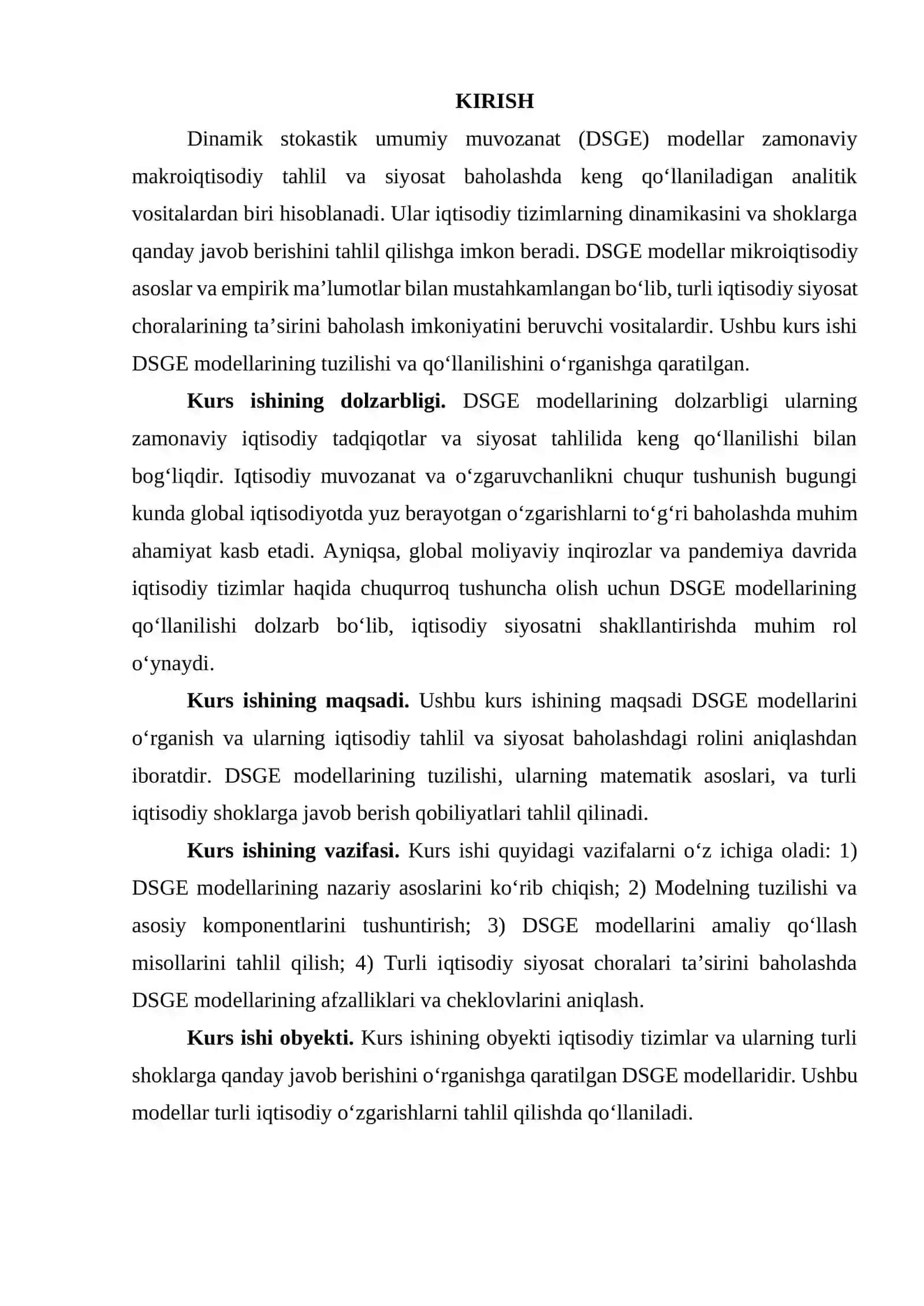 "DINAMIK STOKASTIK UMUMIY MUVOZANAT (DSGE) MODELLARINING TUZILISHI VA QOʻLLANILISHI" MAVZUSIDAGI KURS ISHI 3