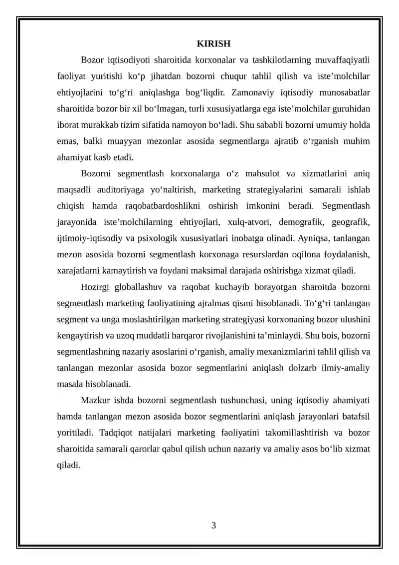Tanlangan mezon bo‘yicha bozorni segmentlash 3
