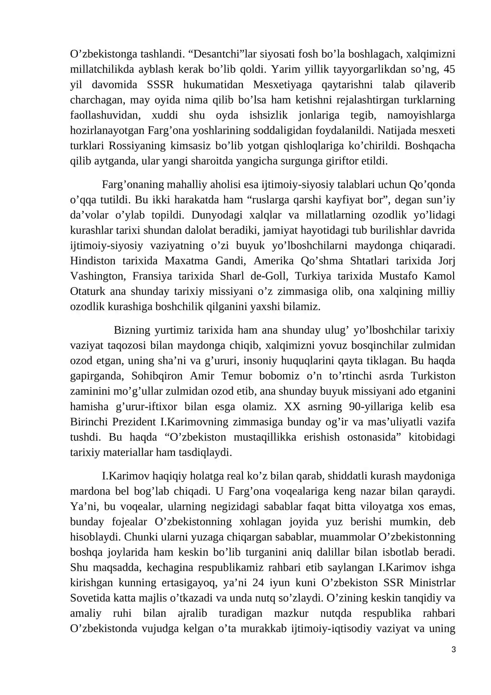 O‘zbek davlatchiligining shakllanishi va taraqqiyot bosqichlari (Rossiya imperiyasi va sovet hukmronligi davrida o‘lkadagi ijtimoiy-iqtisodiy, siyosiy va ma’naviy jarayonlar.) 3