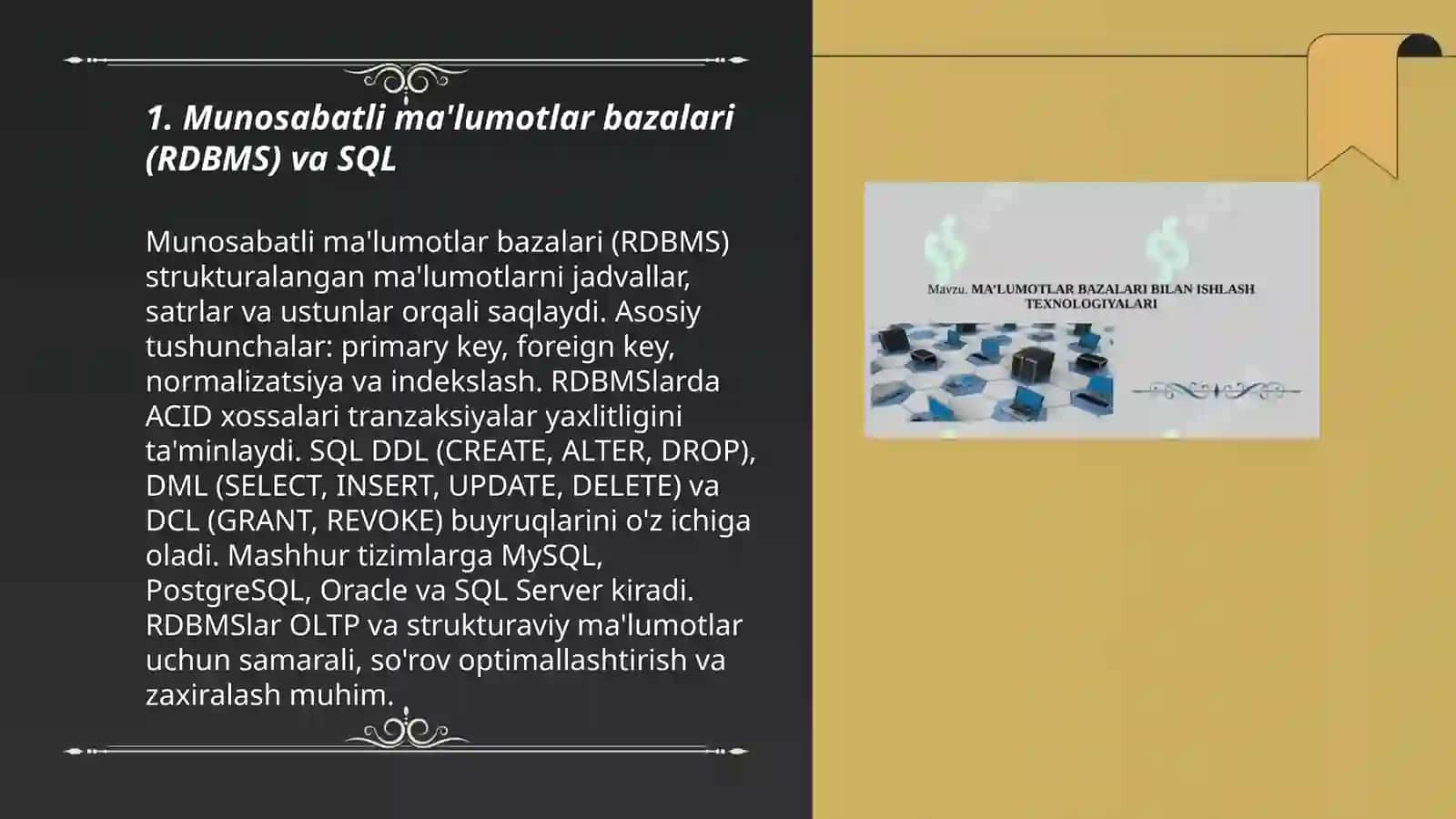 Munosabatli ma'lumotlar bazalari (RDBMS) va SQL 3