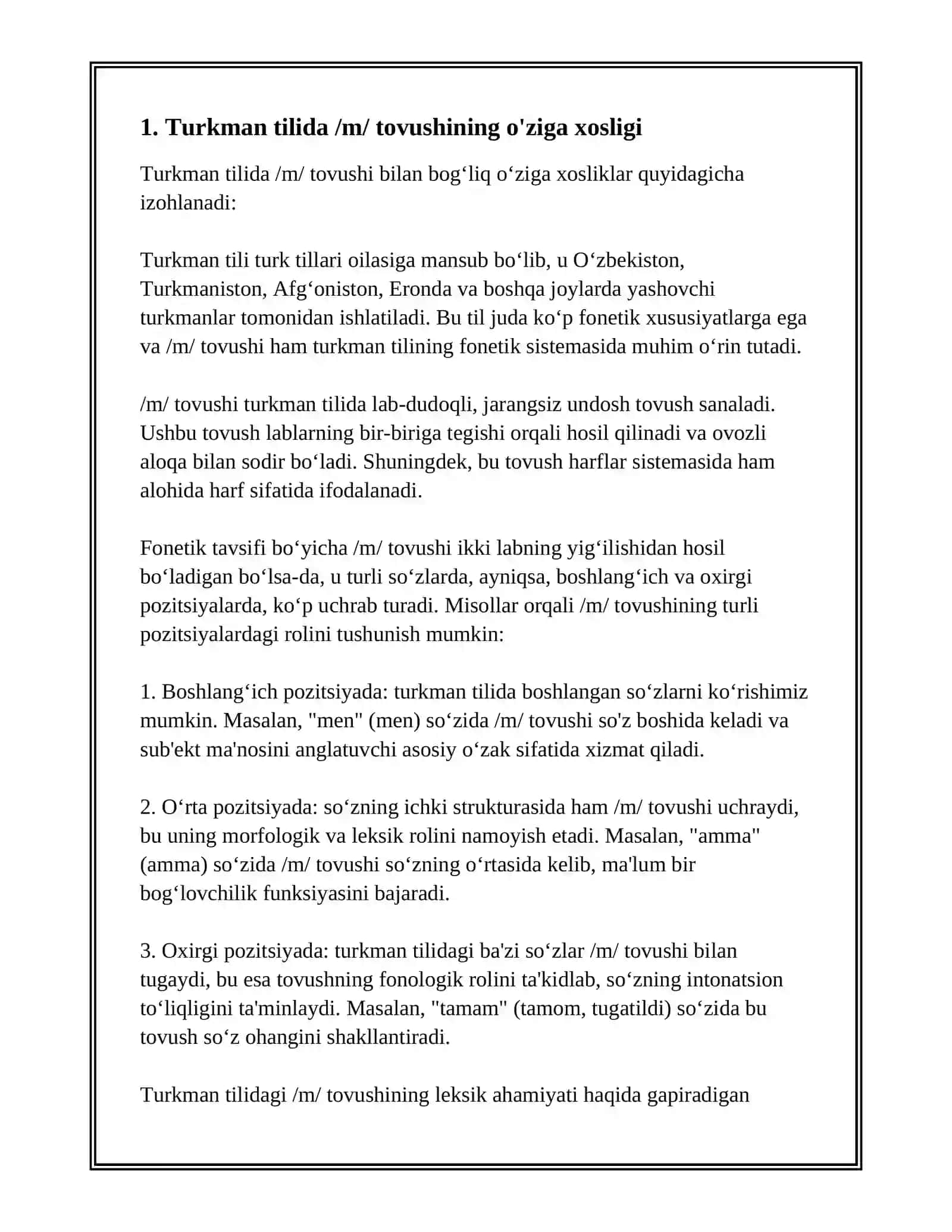 OʻZBEKCHA /M/,/T/,/K/NING TURKMAN, UYGʻUR, MATNLARIDA MUVOFIQLARI 3