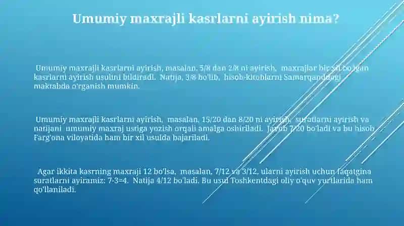 Umumiy maxrajli kasrlarni ayirish 3