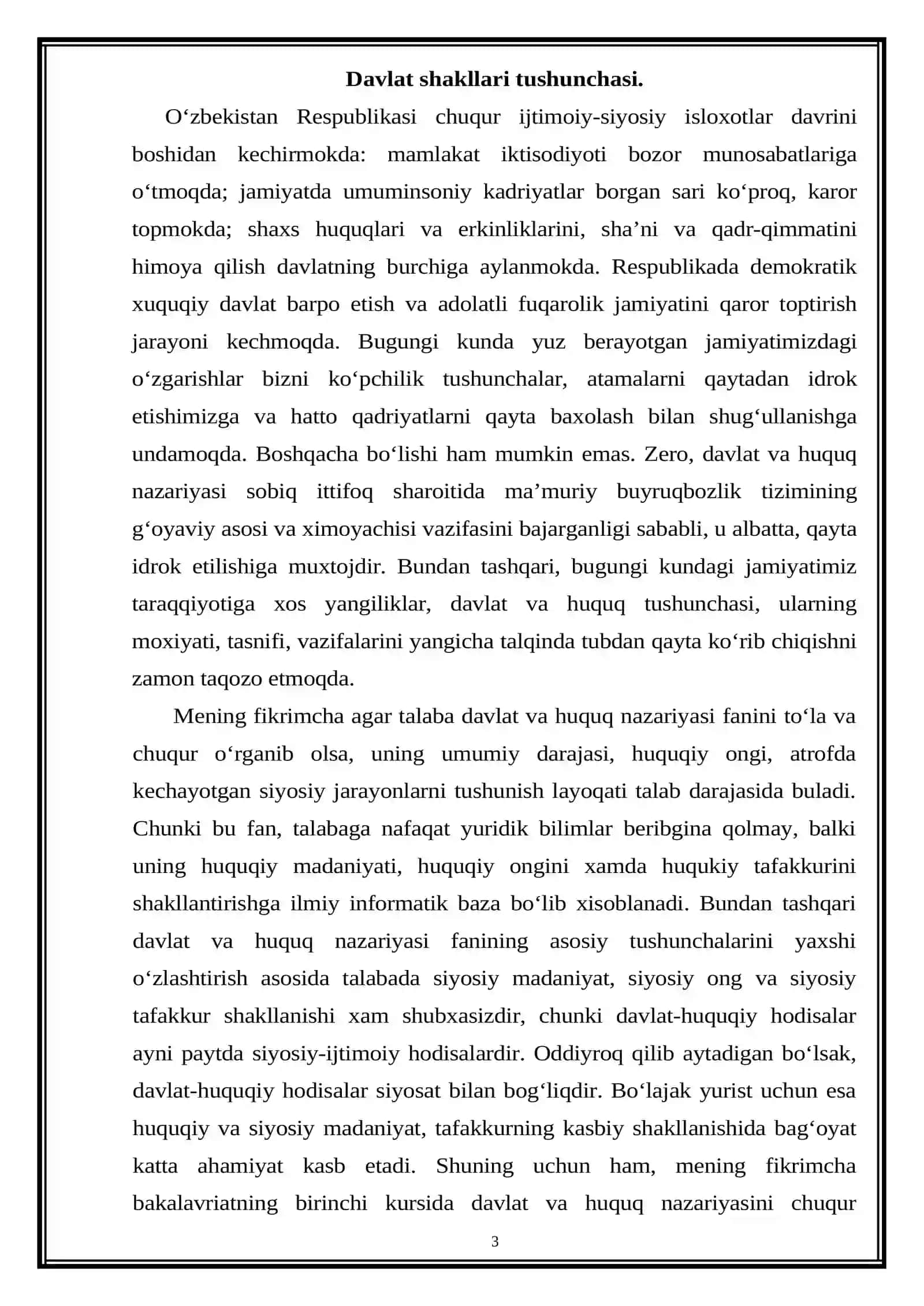 “DAVLAT BOSHQARUV SHAKLI” MAVZUSIDAGI KURS ISHI 3
