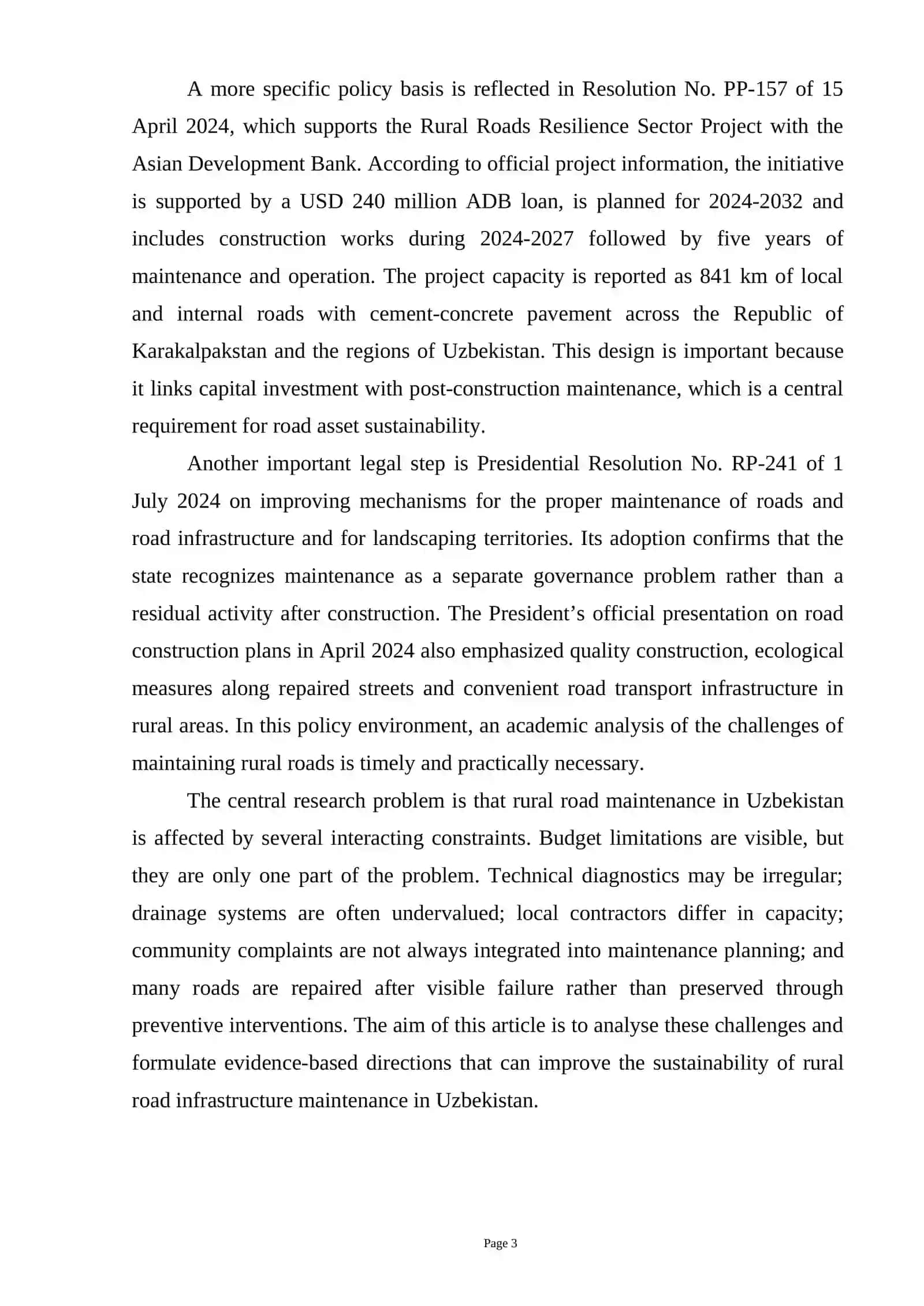 ANALYSIS OF CHALLENGES IN MAINTAINING RURAL ROAD INFRASTRUCTURE IN UZBEKISTAN 3