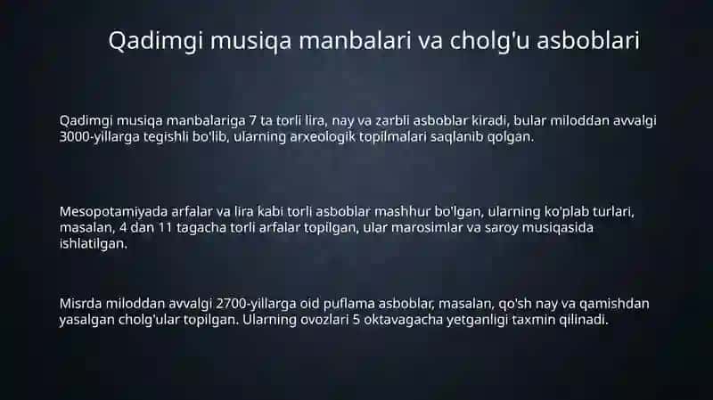 Qadimgi musiqa manbalari va cholg'u asboblari 3
