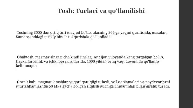 Tоsh: Turlari va qo'llanilishi 3