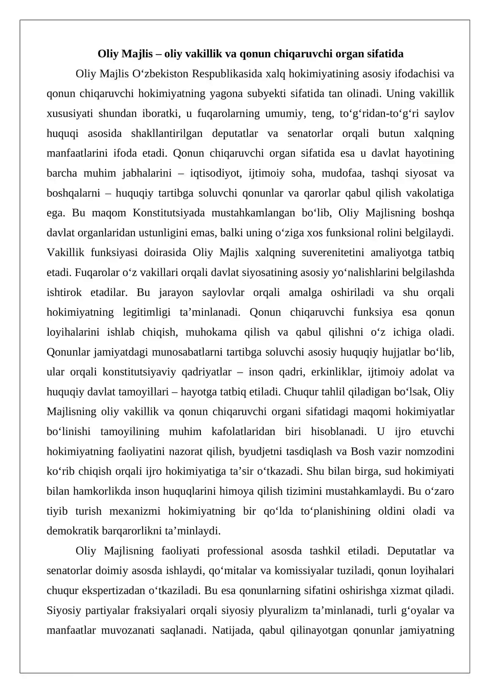 O‘zbekiston Respublikasining Oliy Majlisi palatalarining vakolatlari va tashkiliy faoliyati 3