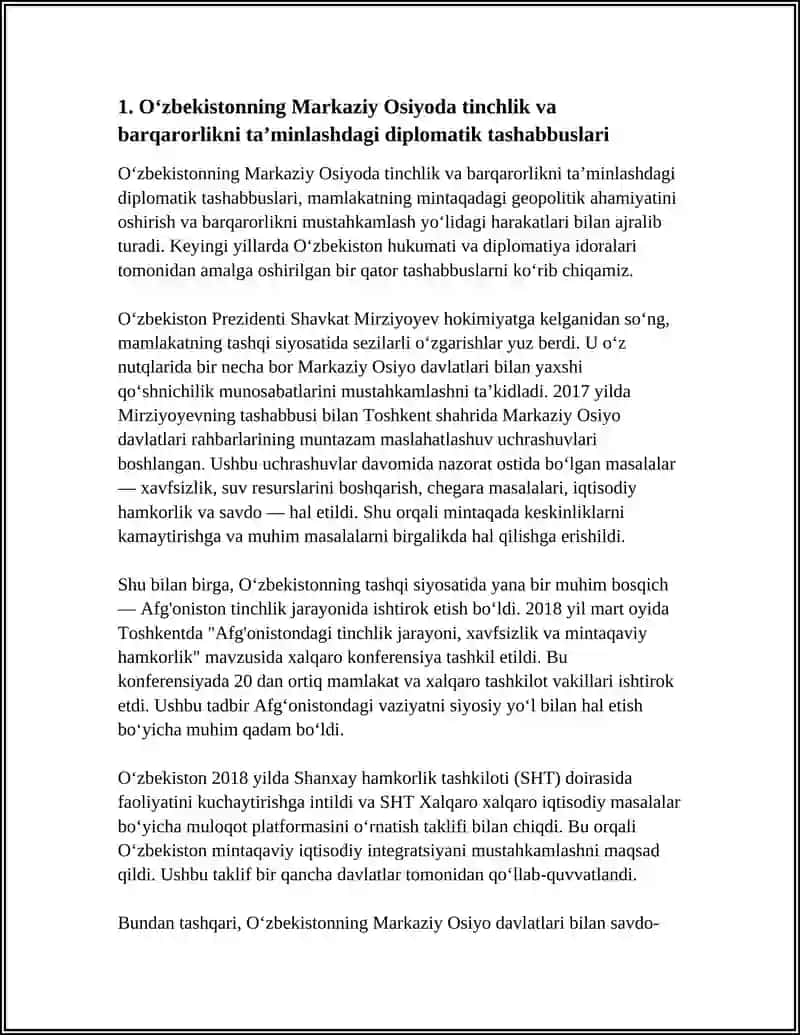 Oʻzbekistonning Markaziy Osiyoda Tinchlik va Barqarorlikni Taʼminlashdagi Diplomatik Tashabbuslari 3