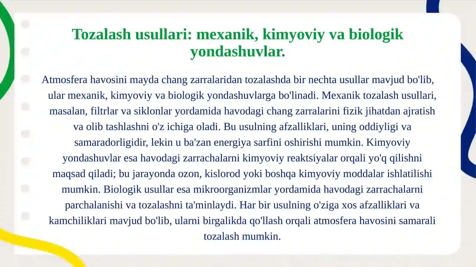 Atmosfera havosini mayda chang zarralaridan tozalash. 3