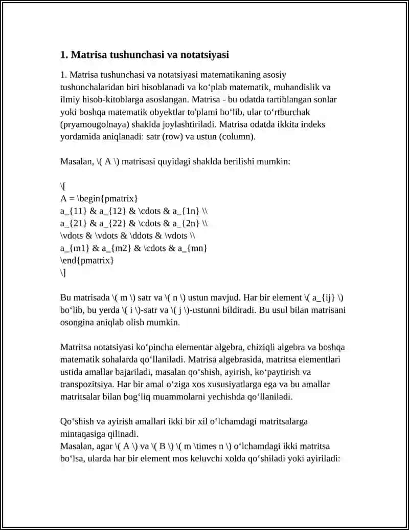 MATRITSALAR BILAN AMALLAR: QOʻSHISH, AYIRISH, KOʻPAYTIRISH VA TRANSPOZITSIYA 3