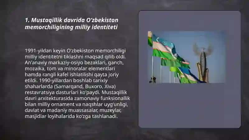 Mustaqillik yoʻlida binokorlik va memorchilik 3