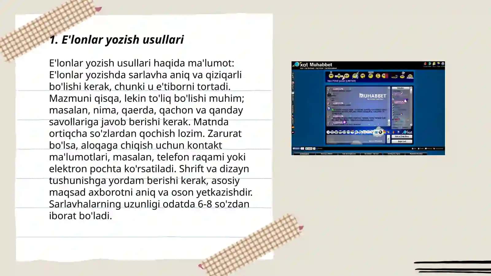 E'lon, hisobot. Xizmat yozishmalari. Taklifnoma, telegramma. Telefongramma, xatlar. Axborot xati, da' vo xati. Talabnoma, ilova xatlar 3