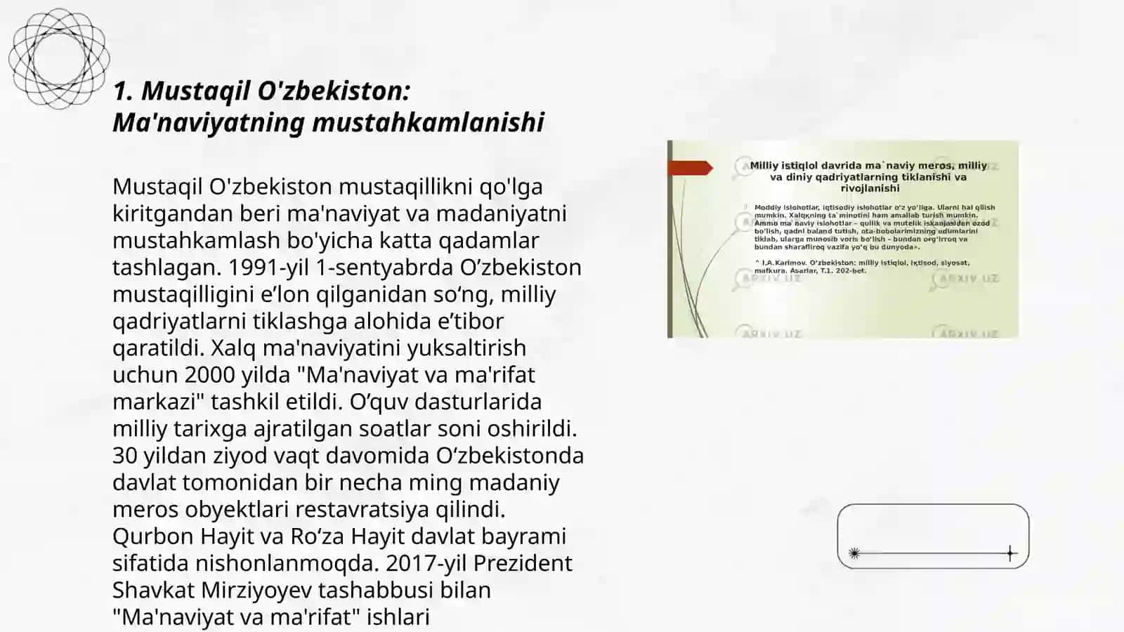 Mustaqil O'zbekiston: Ma'naviyatning mustahkamlanishi 3